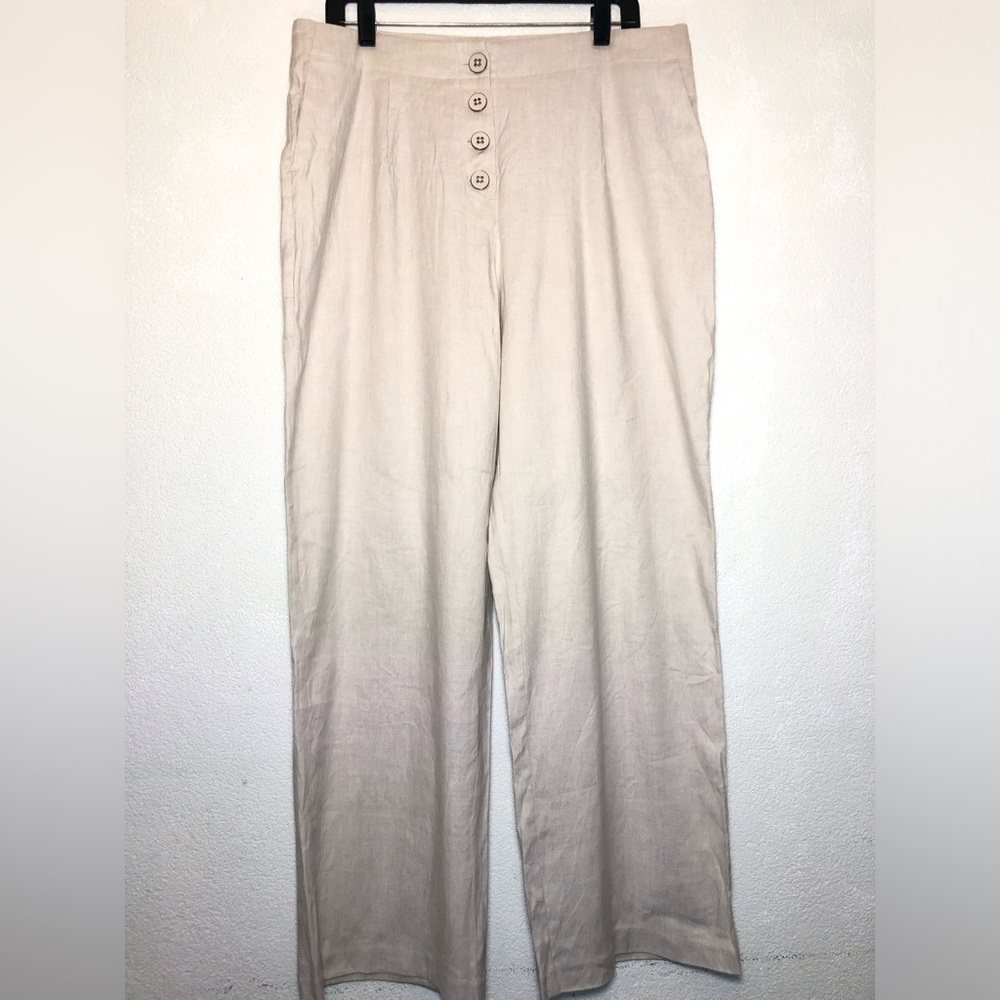 Boden Taupe Linen-Blend Trousers with Pale Pink Trim